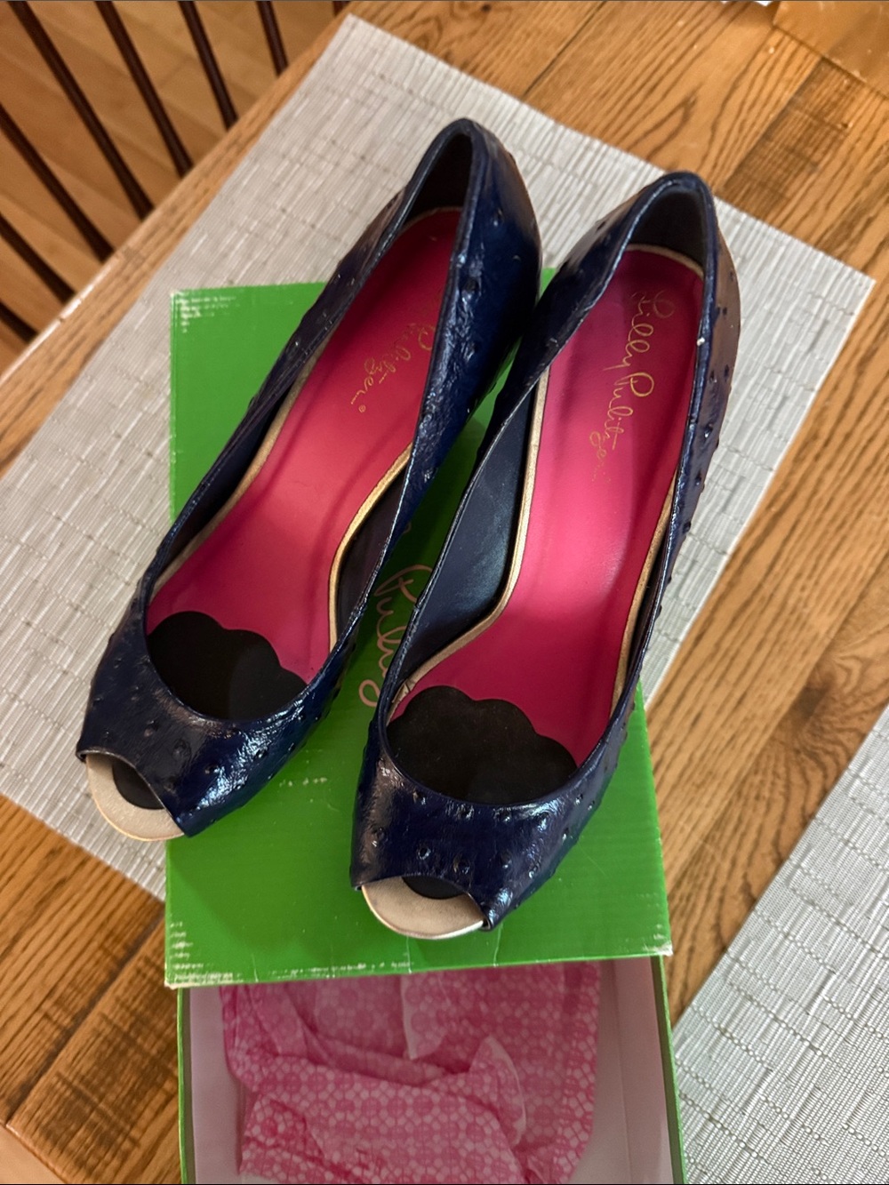 Lilly Pulitzer Navy Platform Peep Hole Pumps 7 Like NIB were $198. Leather